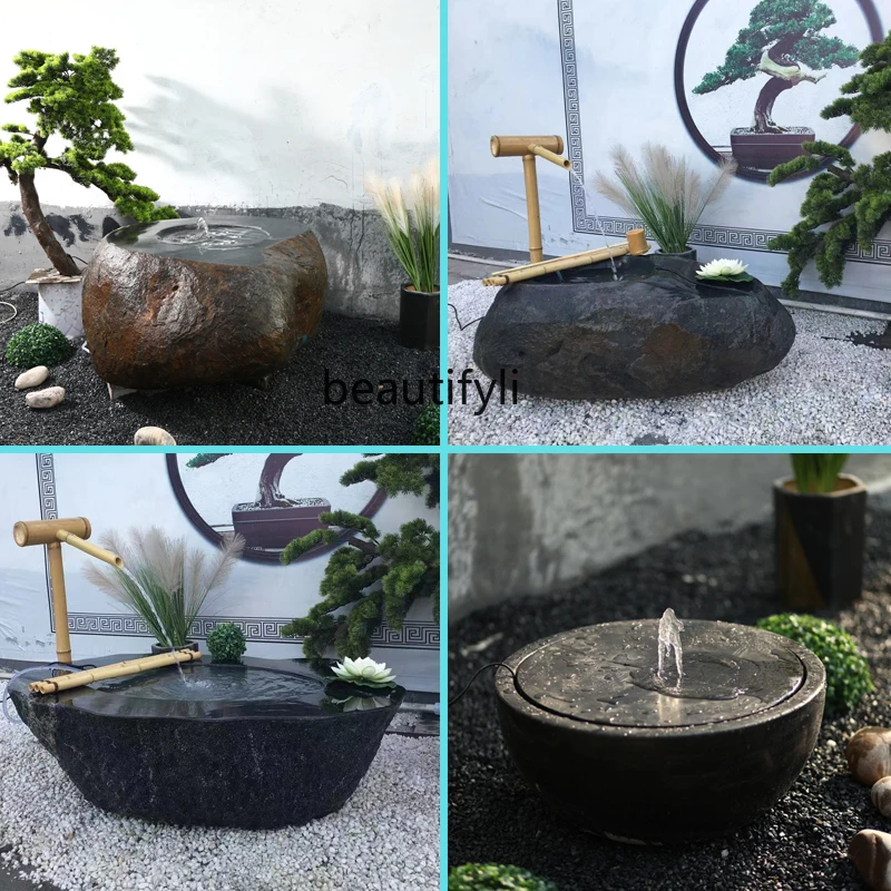 Natural black mountain stone water bowl fountain outdoor landscaping indoor stone carving water ornament  landscape stone