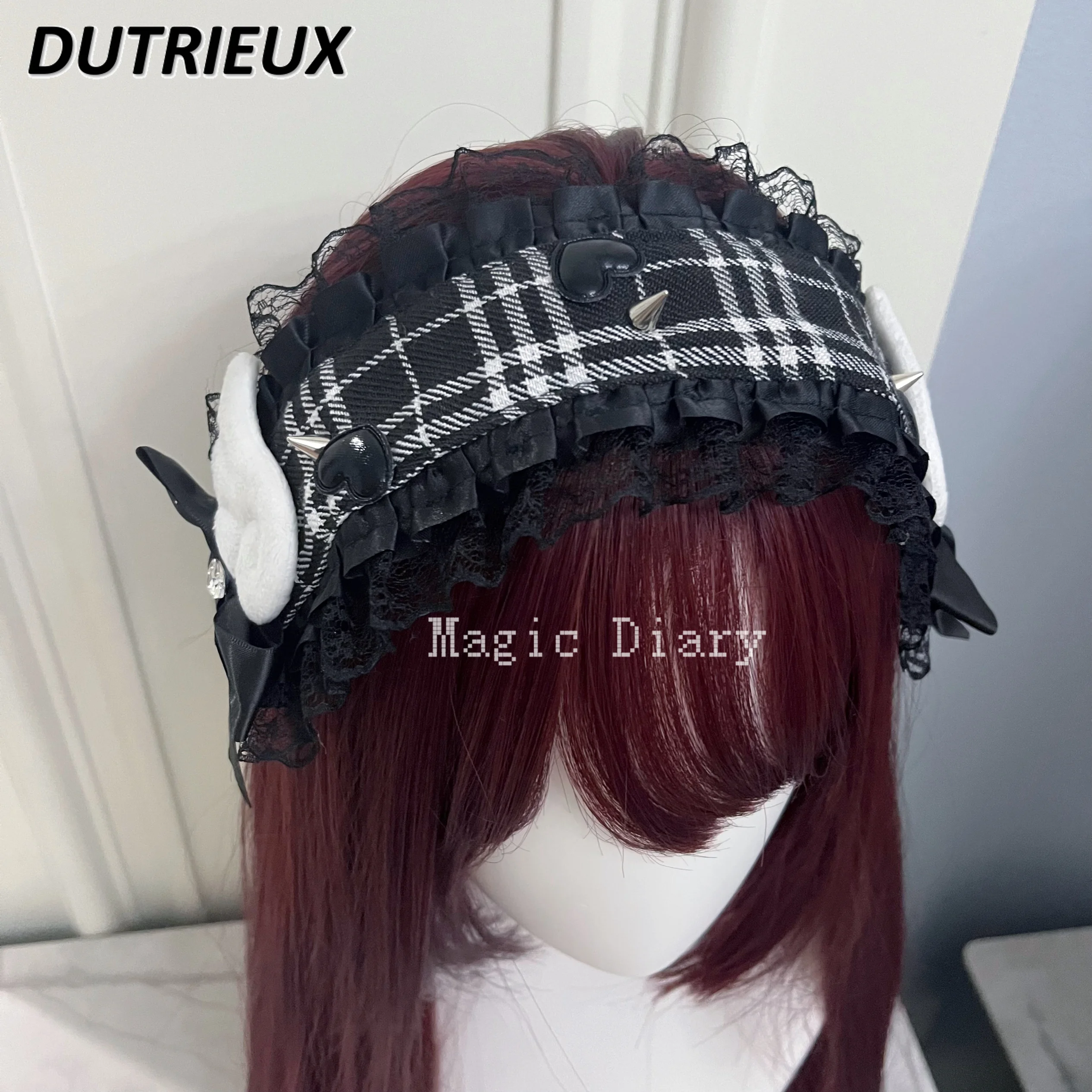 Japanese Style Lace Edge Rivet Wings Hair Band Dark Plaid Sweet Cute Girls Wild Barrettes Lolita Headdress Accessories