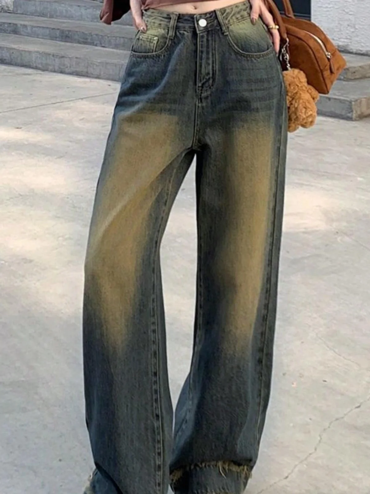 High Waist Wide Leg Cement Grey Denim Jeans Women Loose Fitting Straight Cut Floor Length Trousers Korean Chic Vintage Style