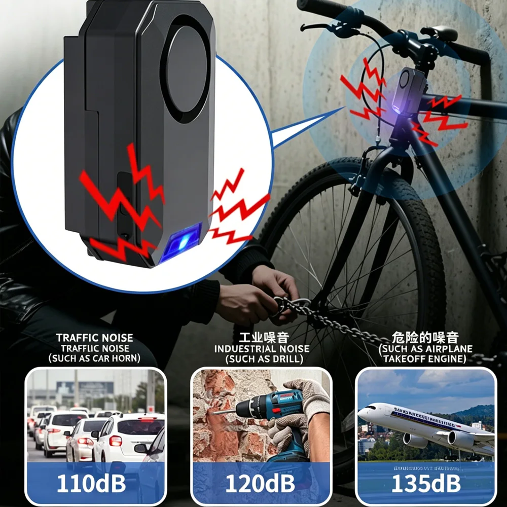 Bike Alarm Anti Theft Sensor Remote Control 135dB Adjustable Siren IPX5 Waterproof for Motobike Bicycle Scooter Anti-Theft Alarm