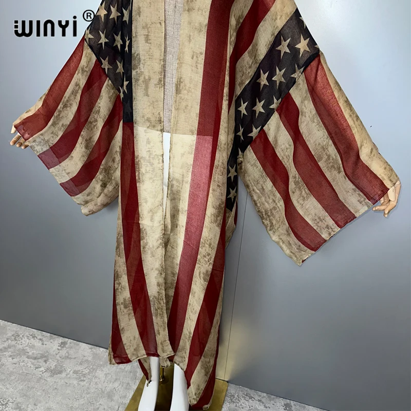 WINYI ملابس الصيف كيمونو أفريقيا موضة طباعة الشاطئ التستر فستان ريترو بالأزرار ملابس الشاطئ النساء عباية دبي قفطان فاخر