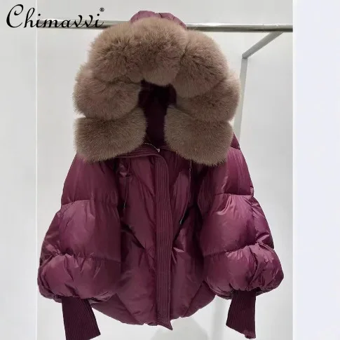 Moda americana elegante gola de pele de raposa com capuz casacos soltos casuais engrossado quente curto jaqueta feminina inverno outerwear casaco