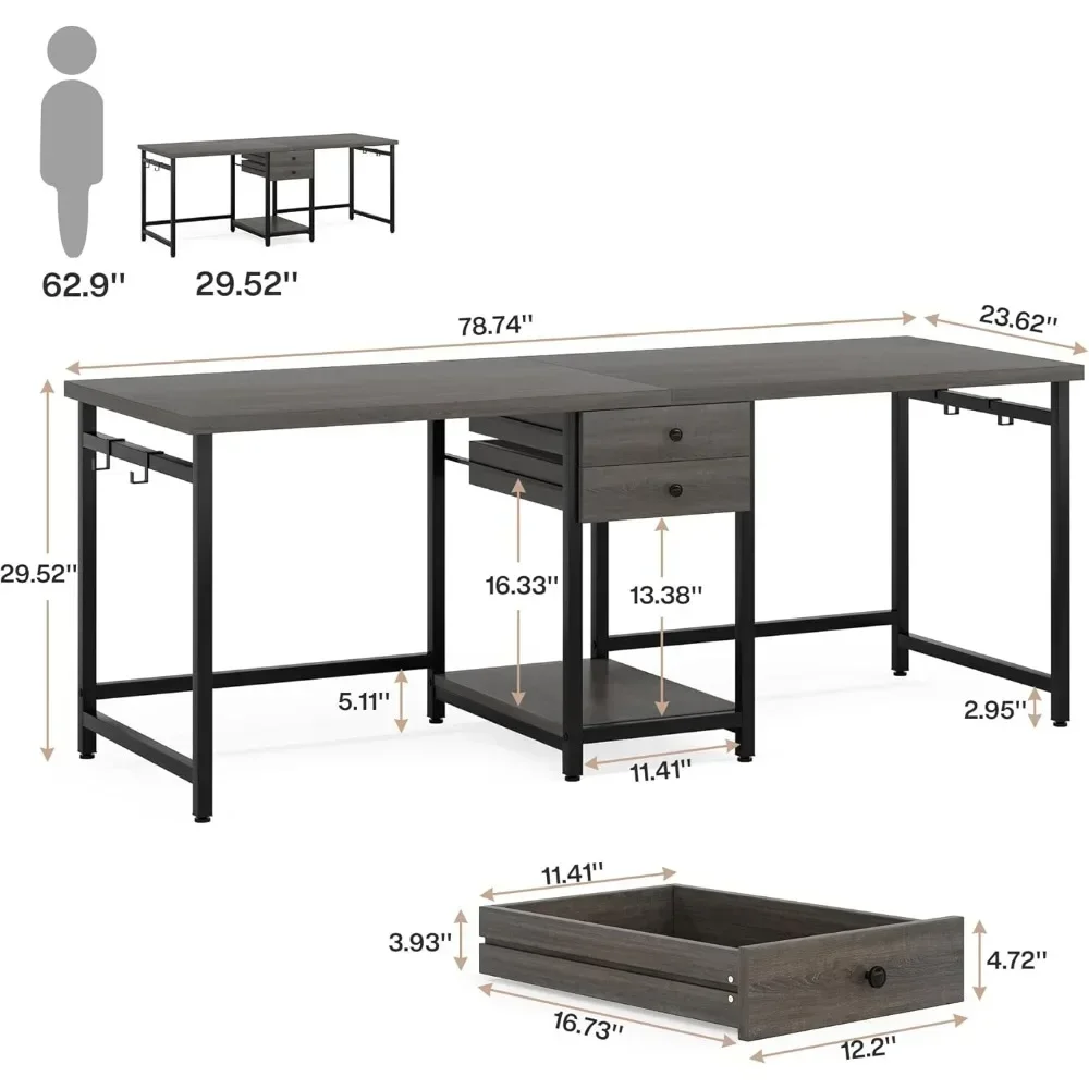 79 Inch Extra Long Desk, Double Desk with 2 Drawers, Two Person Desk Long Computer Desk with Storage Shelves, Writing