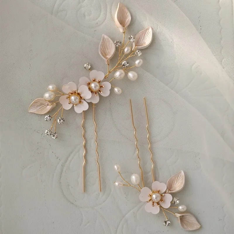 

Винтажные свадебные заколки для волос с пресноводным жемчугом, заколки золотого цвета с цветочным листом, свадебный головной убор ручной работы, женские аксессуары для волос