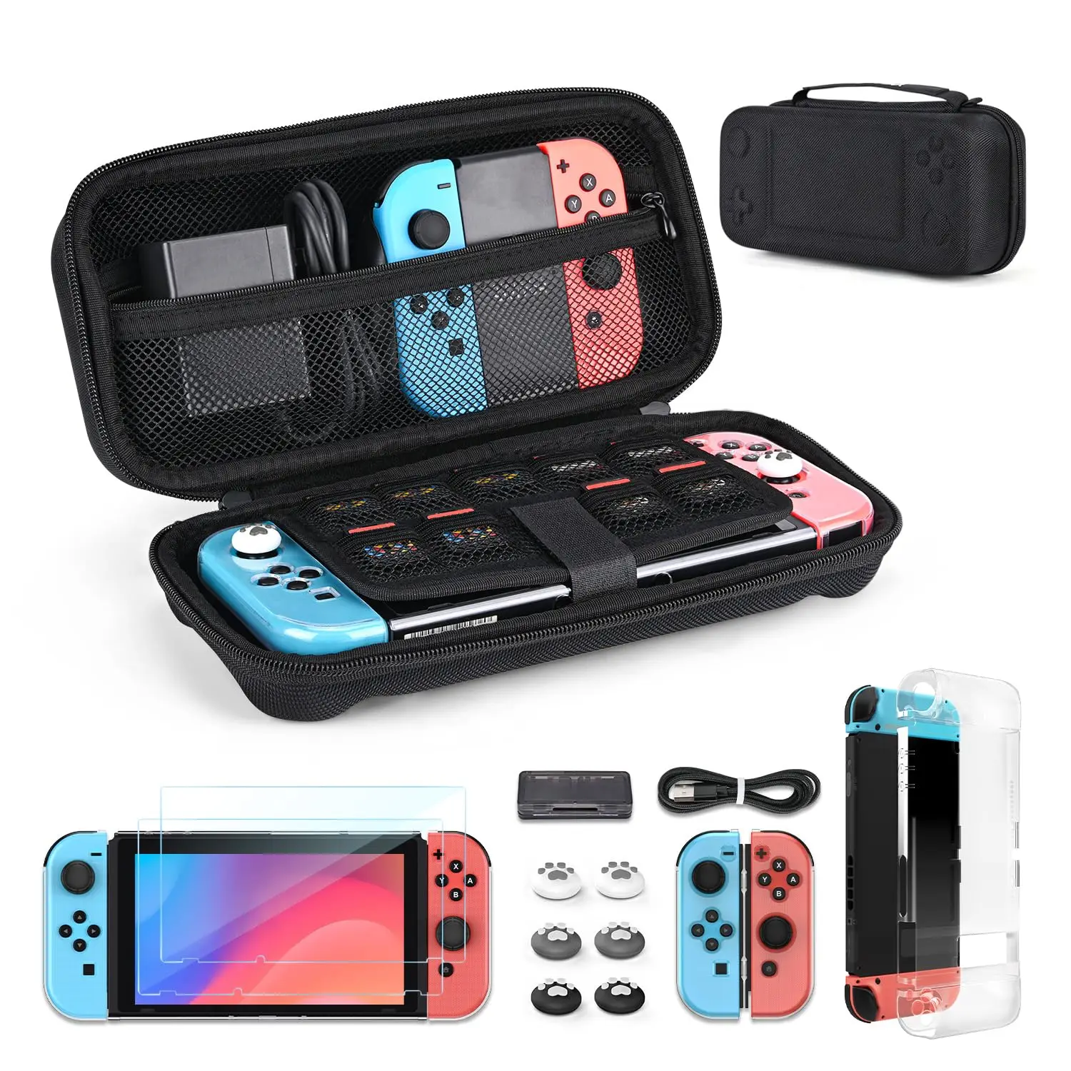 

For Switch 2017 Model 14 in 1 Accessories with Carrying Case, Screen Protector, Protective Covers, Thumb Caps, Game Card Case