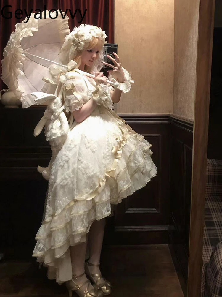 فستان سهرة لوليتا ياباني بعقدة ذهبية لحفلات الزفاف بخصر عالٍ وأكمام قصيرة لحفلات أعياد الميلاد فستان أداء الأميرة الحلوة #5