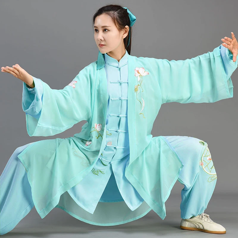 Custom Embroidered Lotus Mid-Length Tai Chi Suit, Women's Yellow Tencel Linen Performance Wear for Spring/Autumn