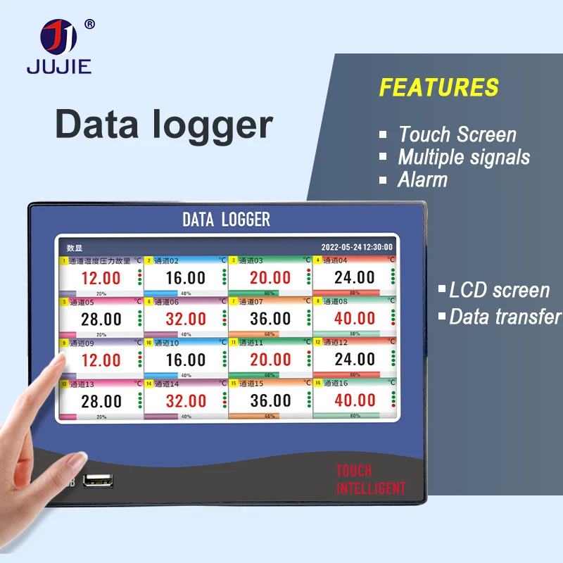 Smart Touch Screen Industrial Data Recorder, temperatura, pressão, tensão, corrente, temperatura, Data Logger, 1,8,16,32 canais