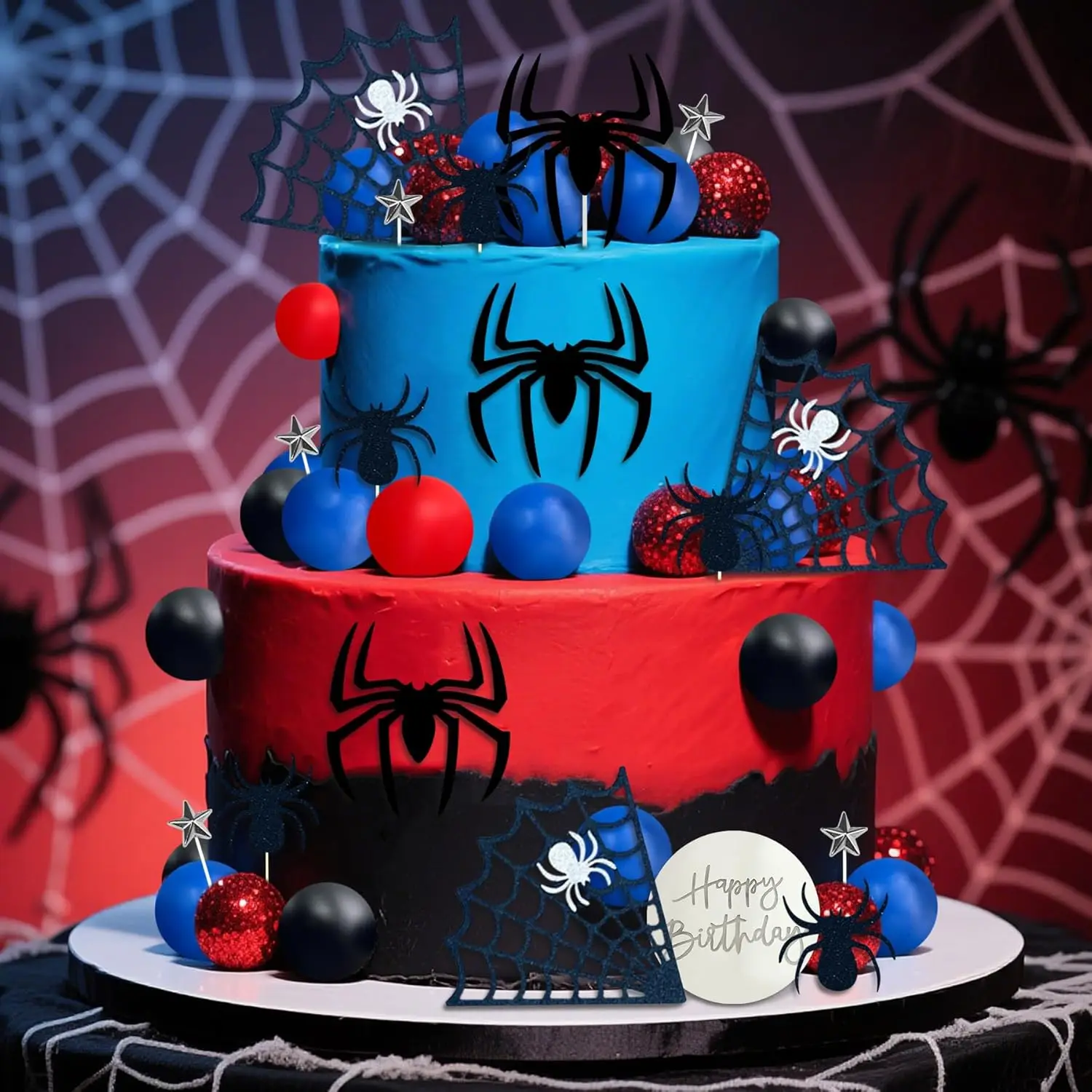Spinnen-Kuchenaufsatz mit Spinnennetz-Kugeln, Sternen für Jungen, Männer, Geburtstagsfeier, Babyparty-Zubehör – Detail 5