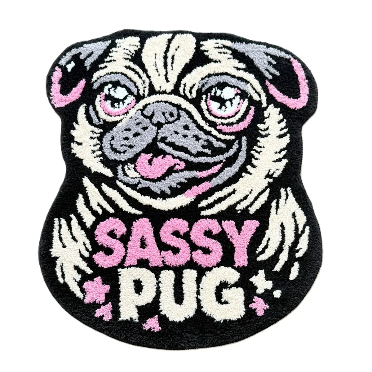 LAKEA Sassy Pug Tufted Rug, Black Pink White Puppy Pattern, Irregular Fluffy Anti Slip Mat, Cute Pet Theme Bedroom Entry Floor