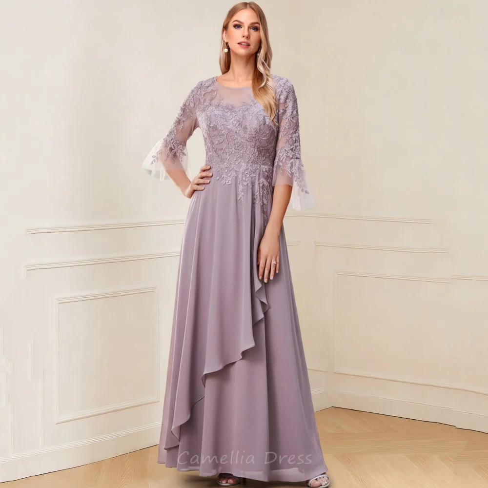 Customized Mother of the Wedding Dress A Line Chiffon Cap Sleeve Formal Gown O Neck Applique Evening robe invite mariage