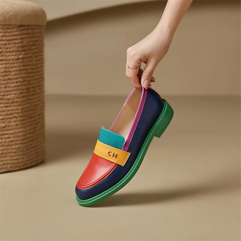 NEW Spring Women Shoes Fashion Rainbow Shoes Women Loafers Round Toe Chunky Shoes for Women Versatile Women Pumps Zapatos Mujer