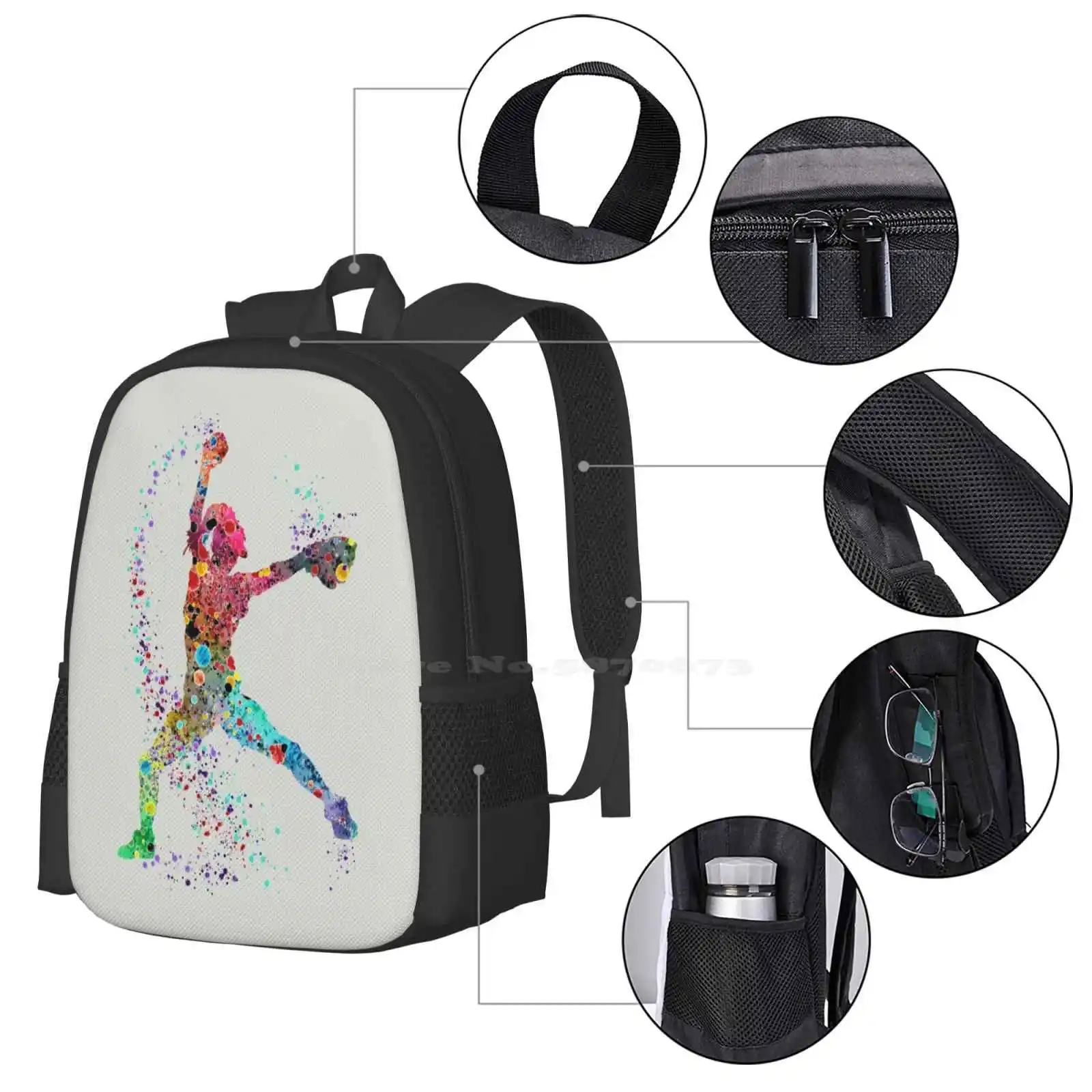 Lanzador de béisbol y Softball para niña, pintura de acuarela, impresión artística, bolsas Unisex, bolsa para estudiantes, mochila, jarra deportiva, recién llegados