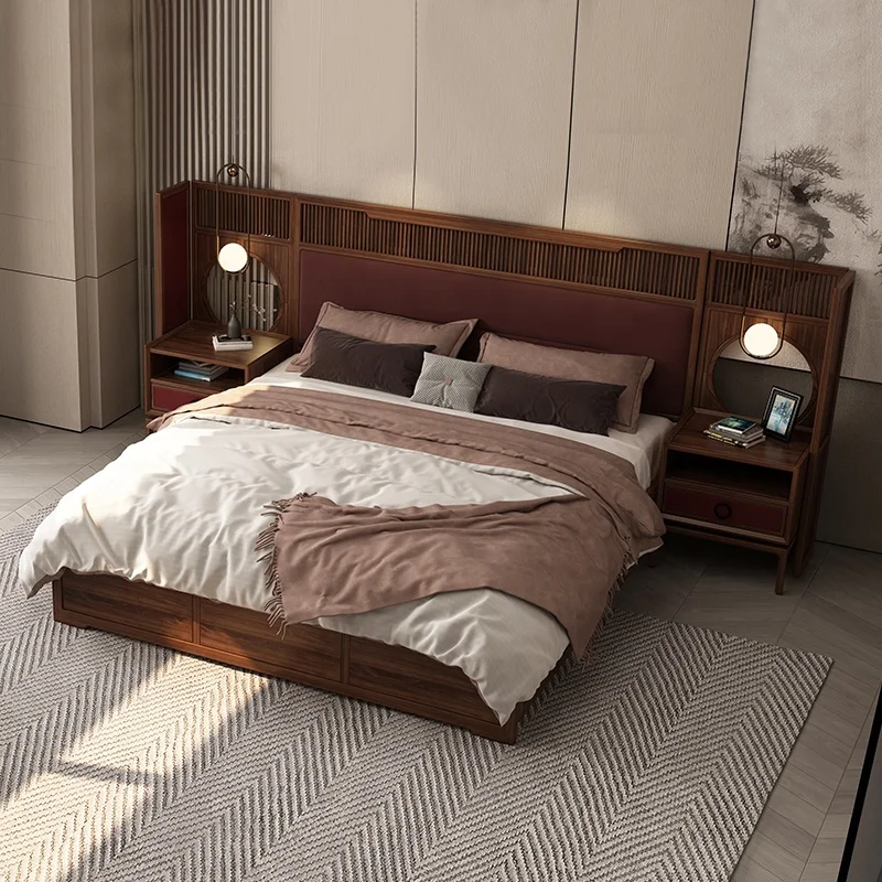 New Chinese Style Solid Wood Bedroom Bed Set with Storage Bookcase Headboard Queen/King Size Luxury Double Bed for Hotel Use