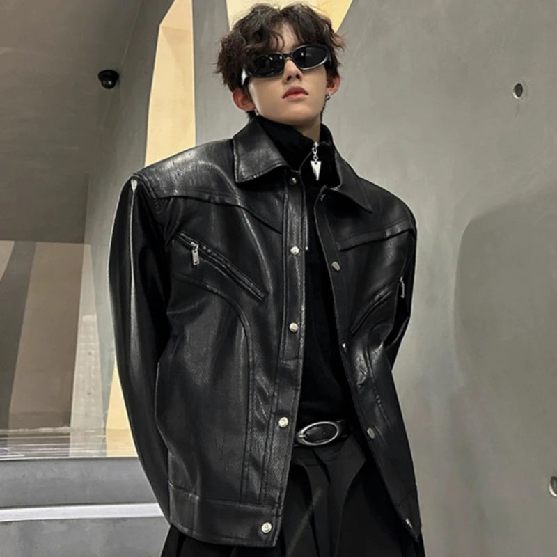 

Men Short Padded Shoulder Leather Jacket Men's Spring Autumn New American Style Flip Collar Motorcycle Jacket Casual Loose Coats