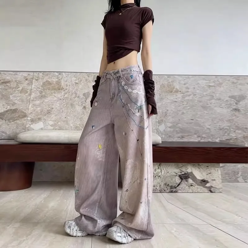 شل طباعة المتعثرة غسلها الجينز Y2K فضفاض الصيف المرأة صالح التخسيس واسعة الساق StraighPaants الأمريكية خمر حفرة الشاي #3