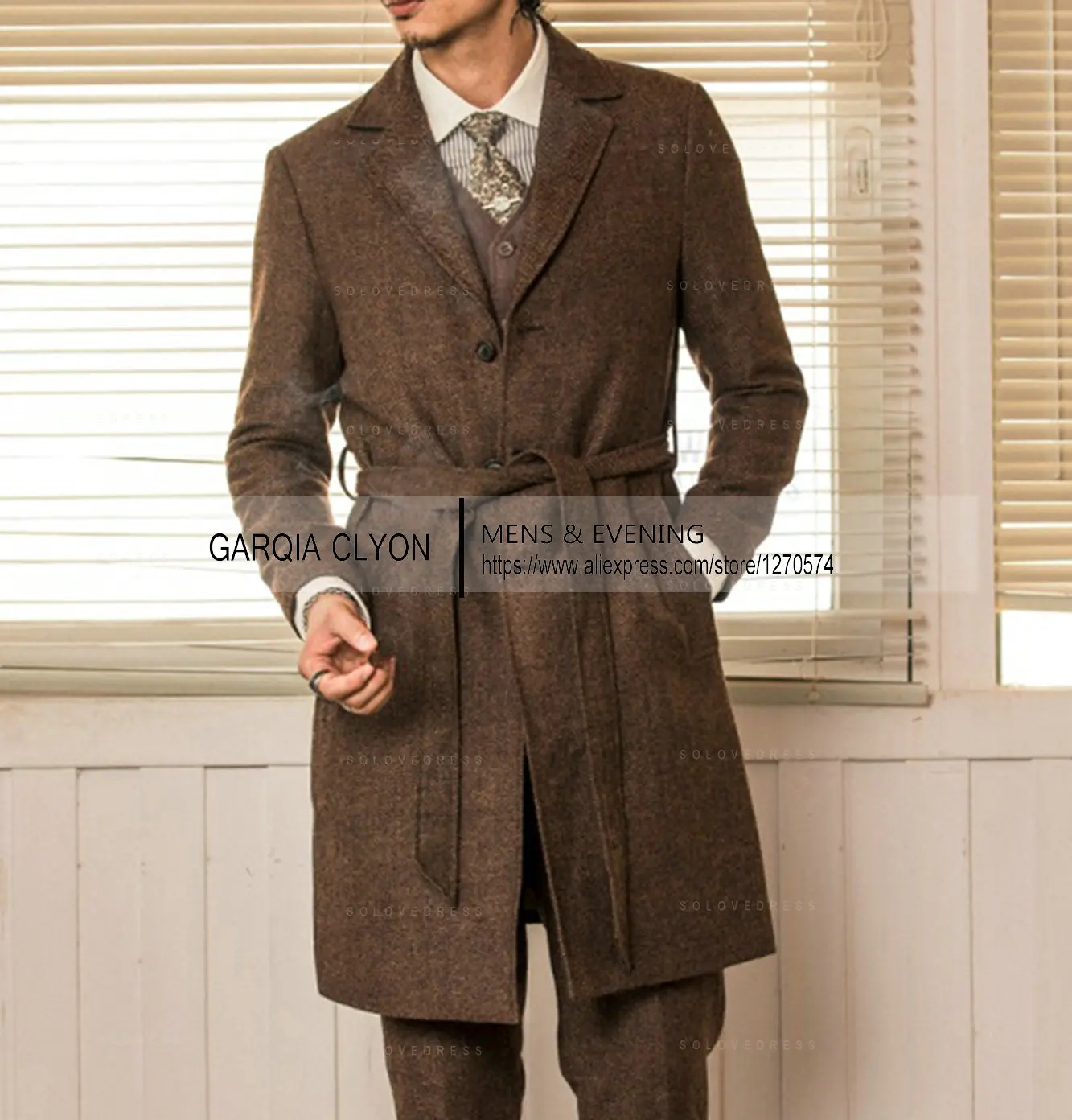 

English Long Style Tweed Male Coat Formal Business Only Coat Custom Gentle-Mens Groom Dress Blazer Jacket Long Coat