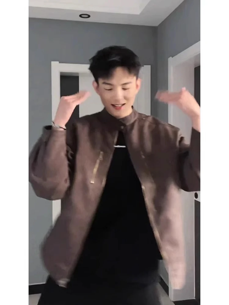 

Retro Brown Biker Jaet Men's Spring Autumn ort PU Leather Workwear Jaet Trendy Haome Loose Fit Windproof Full Zip