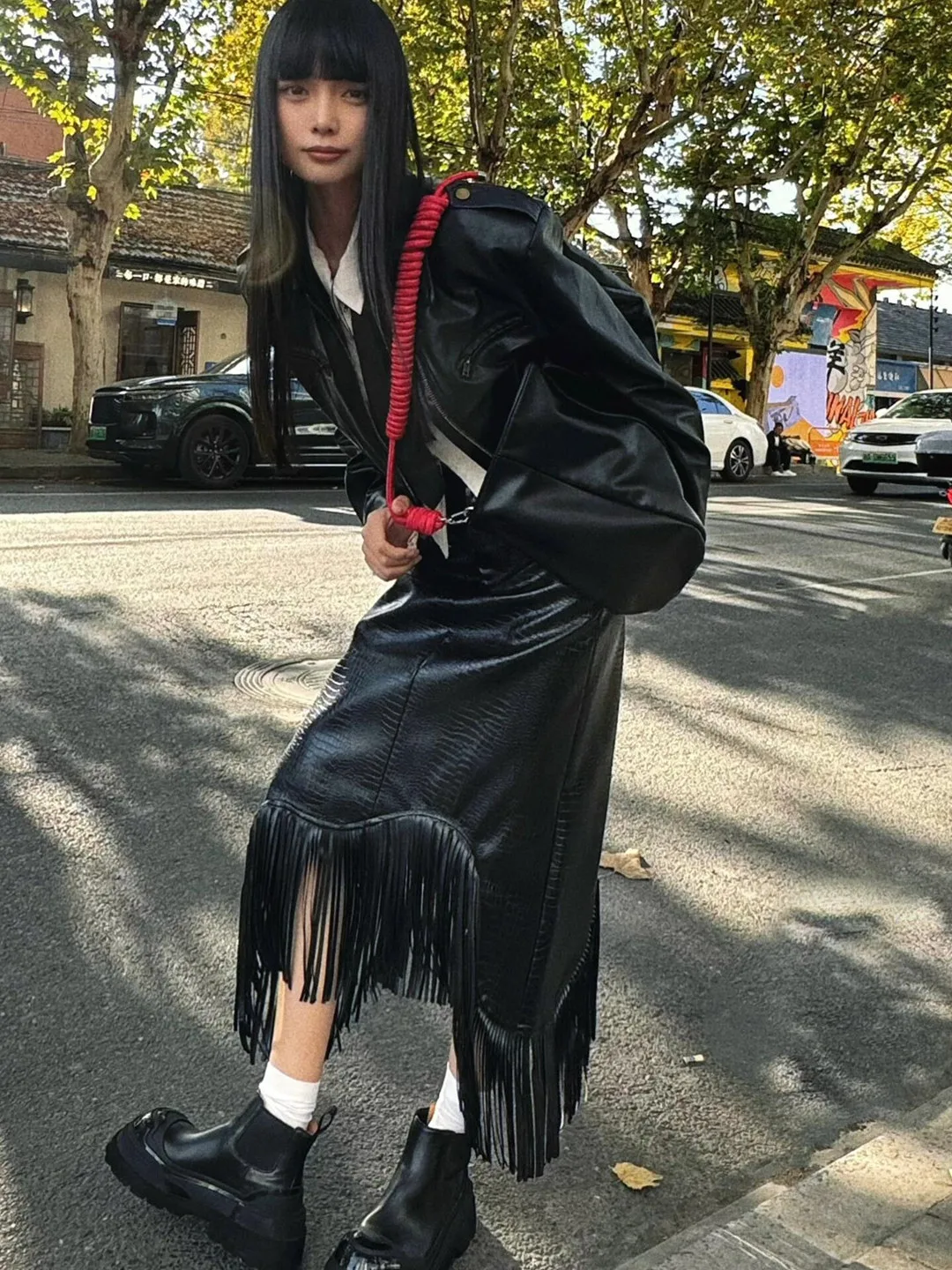 

Fashionable Dark Hong Kong Style Half Elastic Waist Tassel Skirt Women's Spring New Arrival Slimming Versatile Leather Skirt