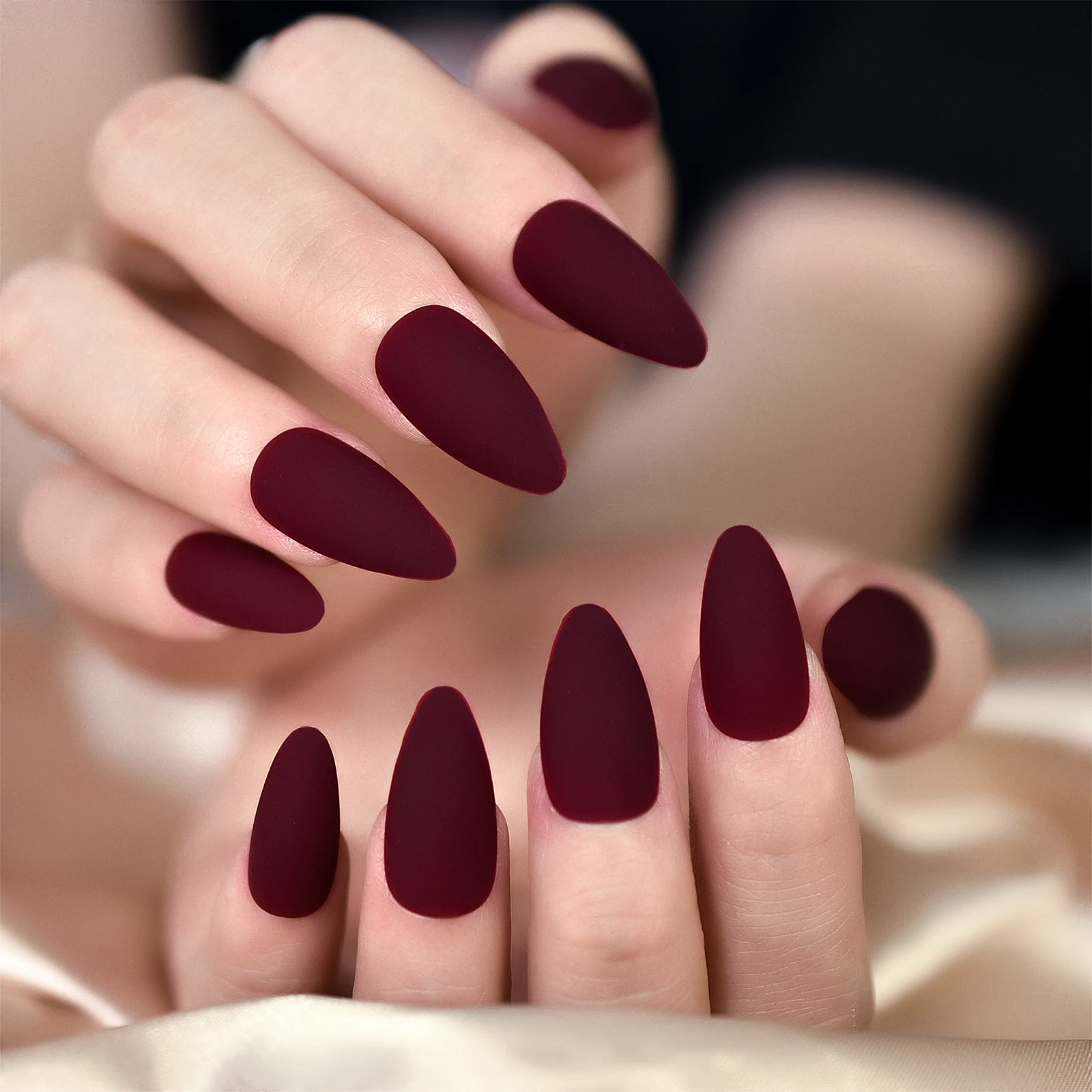 Matte Fingernails Medium Almond Fake Nails Art Solid Color Pure Wine Red Press On Nails Manicure At Home False Nails For Daily