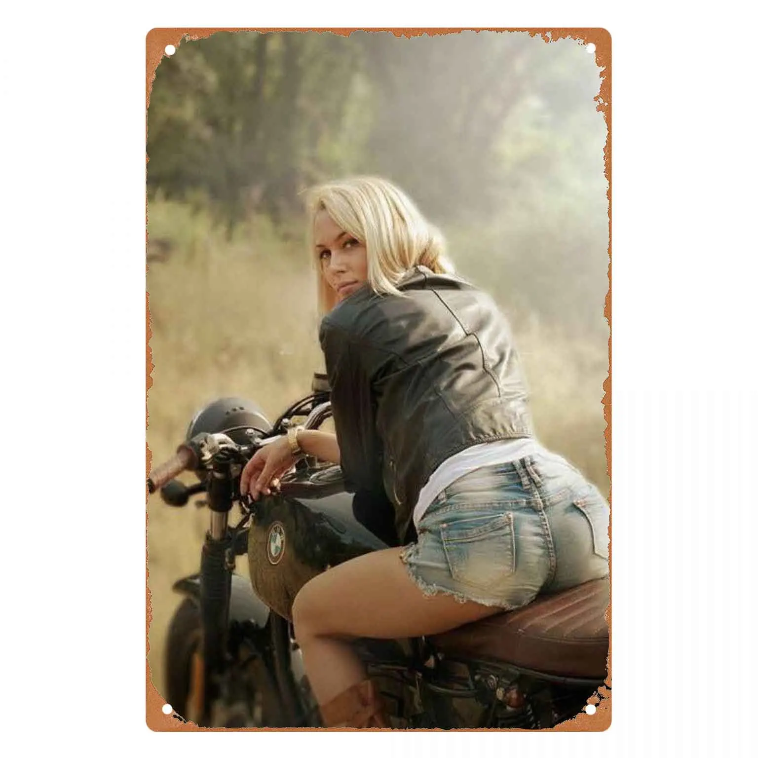 Stylish Biker Girl Striking a Pose on Her Motorcycle Vintage Metal Wall Sign Decor
