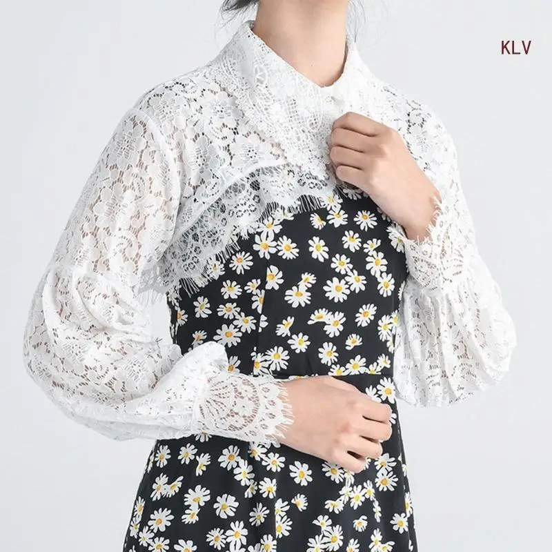 

Women Puff Long Sleeve Lapel Half Top Blouse Hollow Out Eyelash Floral Lace Detachable False Fake Collar
