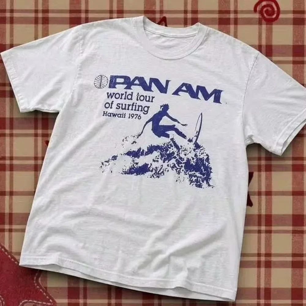 Retro Pa N Am Airlines Surf Tshirt 1976 Hawaii Surf Silhouette Washed Vintage Letter Print Loose White Vacation Oversized Tee