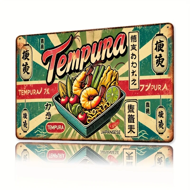 Vintage Tempura Metall-Wandschild – Retro japanische Sushi-Dekoration mit authentischen Zutaten, rustikale Eisenkunst für Küche, Esszimmer