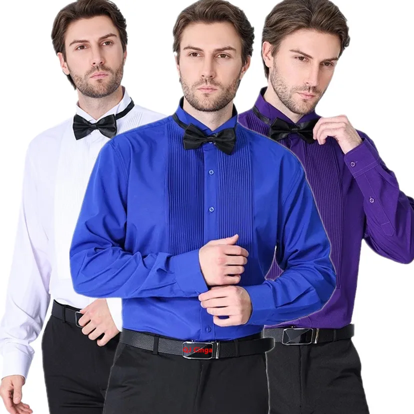 2026 New Men's Blue French Dress Shirt Fashion Pleated Decoration Solid Color Tuxedo Shirts White Black Red Purple Yellow