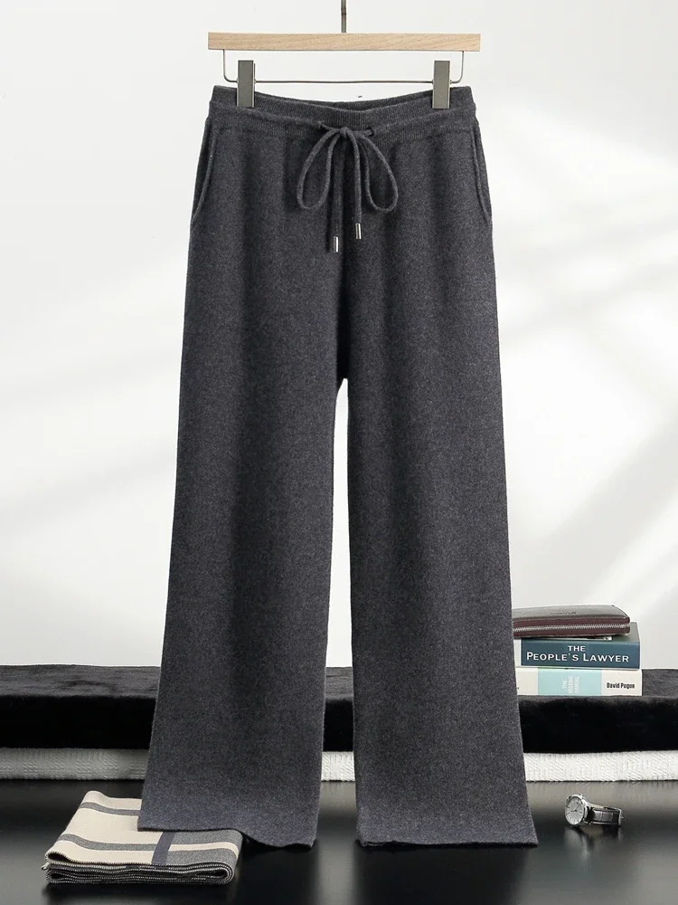 Classic Men's Pants Autumn Winter Straight Pants 100% Cashmere Trousers Wide Leg Thicked Warm Casual Knit Elastic Waist Lace-up