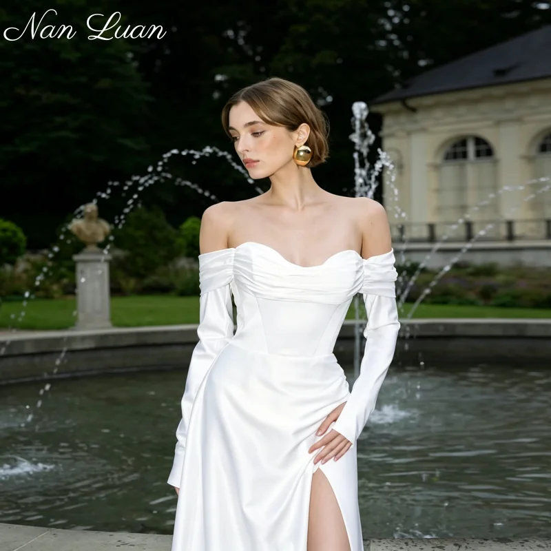 2026 Styles Ruched Sweetheart Neck Satin Wedding Dress Off Shoulder Long Sleeve High Slit Customized