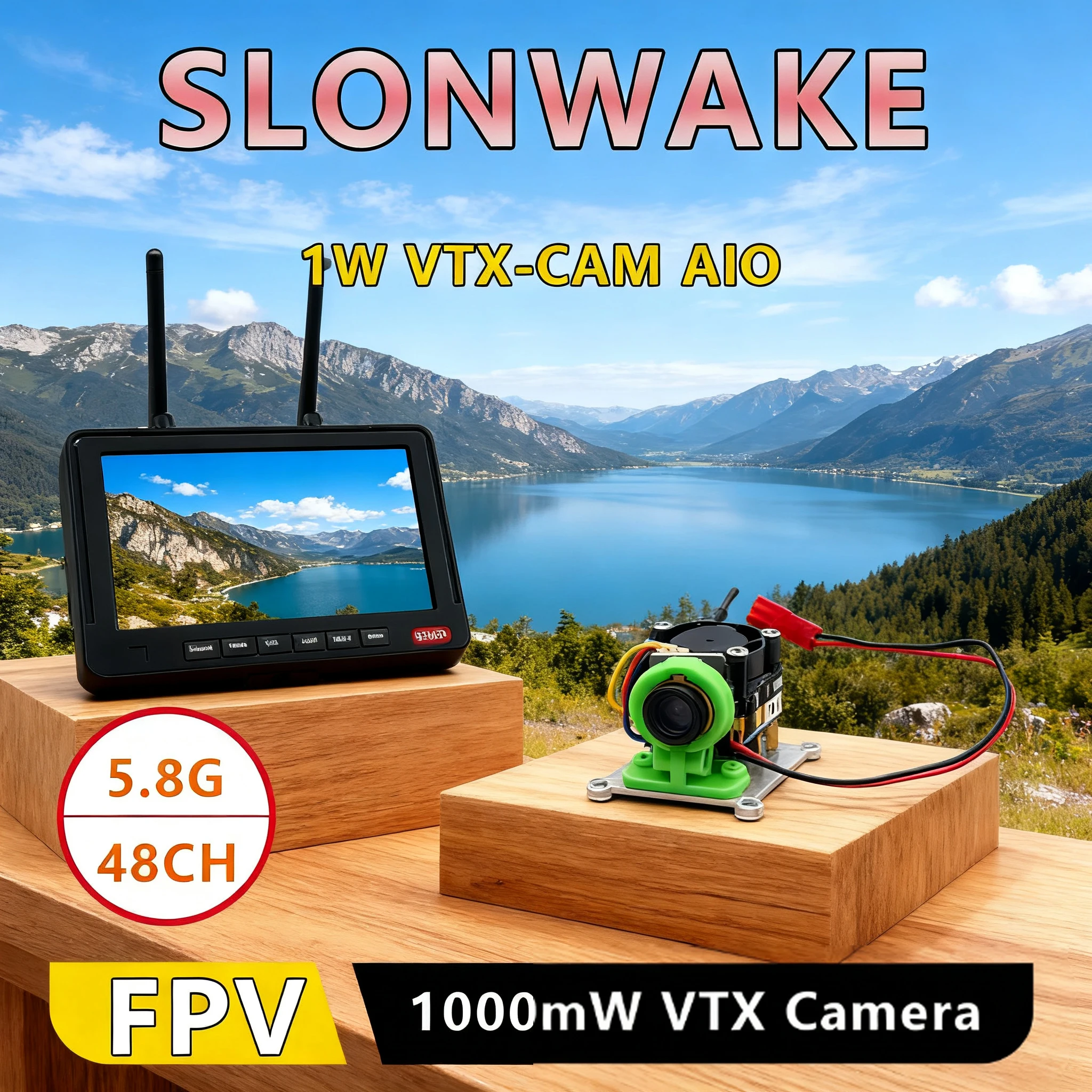 

Регулируемый передатчик VTX SLONWAKE 5.8G 48CH 1 Вт и камера CMOS 700TVL с 7-дюймовым монитором для радиоуправляемого автомобиля дальнего действия RC Drone