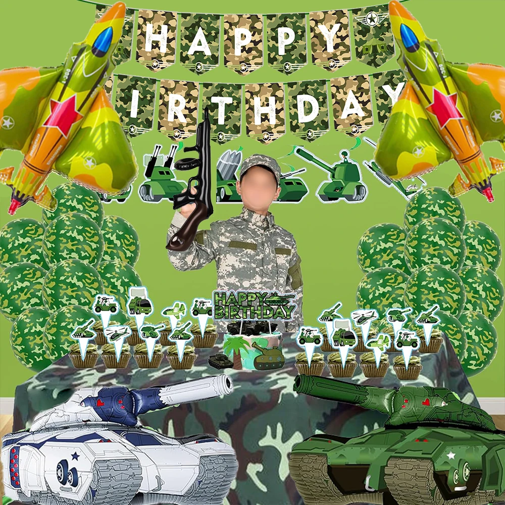 Army Camouflage Party Foil Tank Plane Balloon Camo Latex Balloon Banner Cake Toppers for Boys Military Birthday Decorations Toys