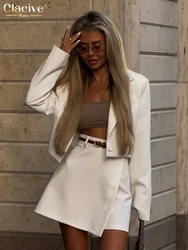 Clacive Fashion Loose White Office Skirts Sets For Women 2 Pieces Elegant Long Sleeve Crop Shirt With High Waist Mini Skirt Set