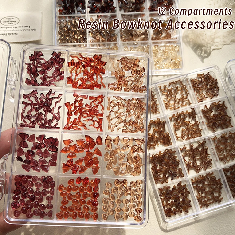 120/140/160Pcs-12grids Maillard Tortoiseshell‌ Bow Nail Charms 10x11mm Brown/Wine Ribbion Bow Nail Art Decor DIY Manicure Parts