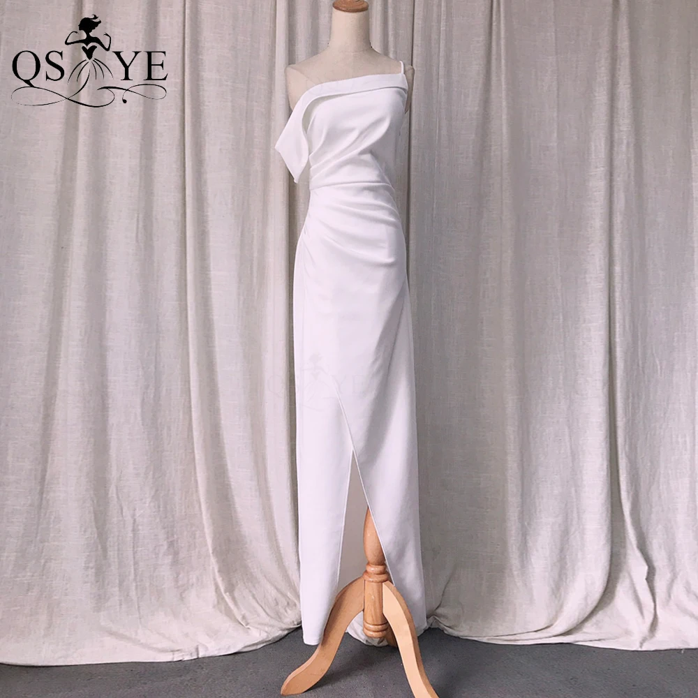 QSYYE Simple White Wedding Dresses Sexy Front Split Bride Gown Tea Length Ruched Side Sleeves One Straps Women Bridal Party Gown