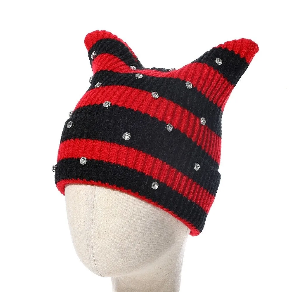 Yarn Cat Ear Beanie Crystal Stretchable Knit Knitted Beanie Hat Punk Gothic Y2K Harajuku Knitted Skull Cap Spring Autumn Winter