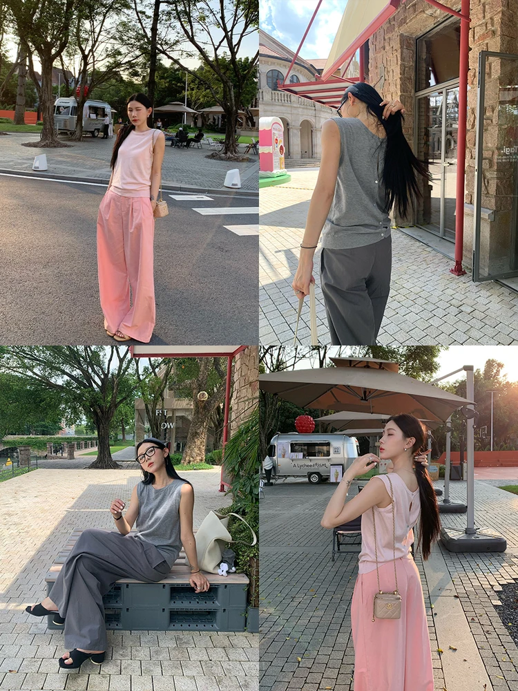 

Pink Svel Knitted Vest Women's Casual round Ne Summer New Sle Two-Way Wear Base Tank Top Not Seven Young Kylin