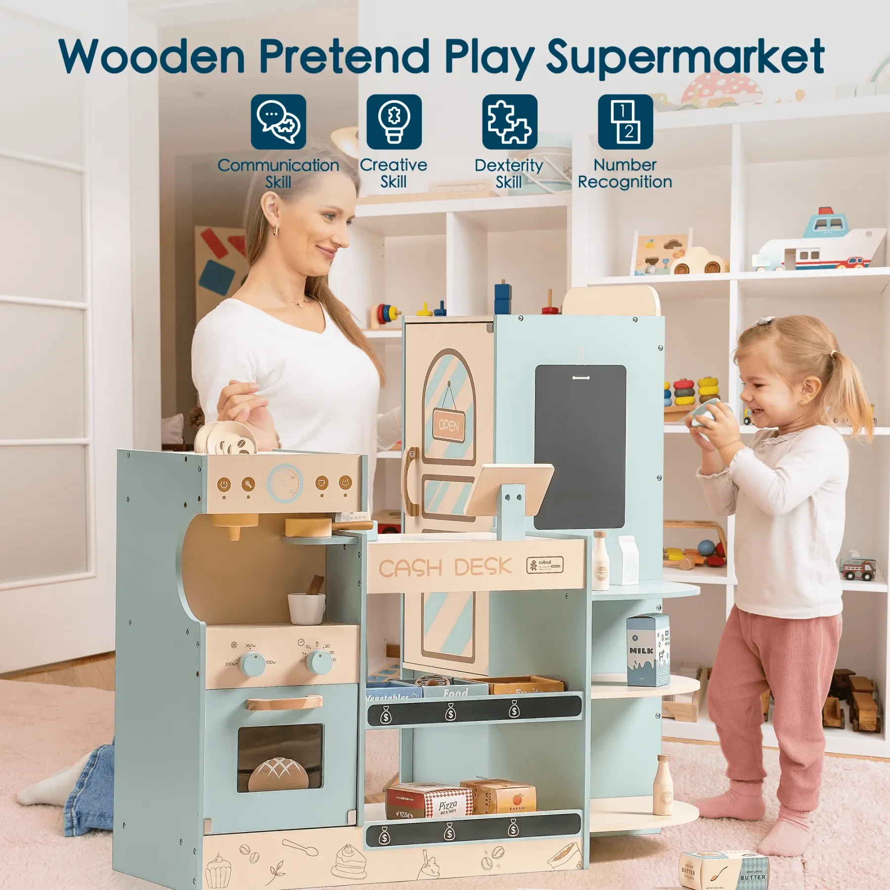 Robotime Robud Kids Grocery Store Fake Play Supermercado com Checkout Counter Máquina de venda automática Pretend Playset para meninos e meninas