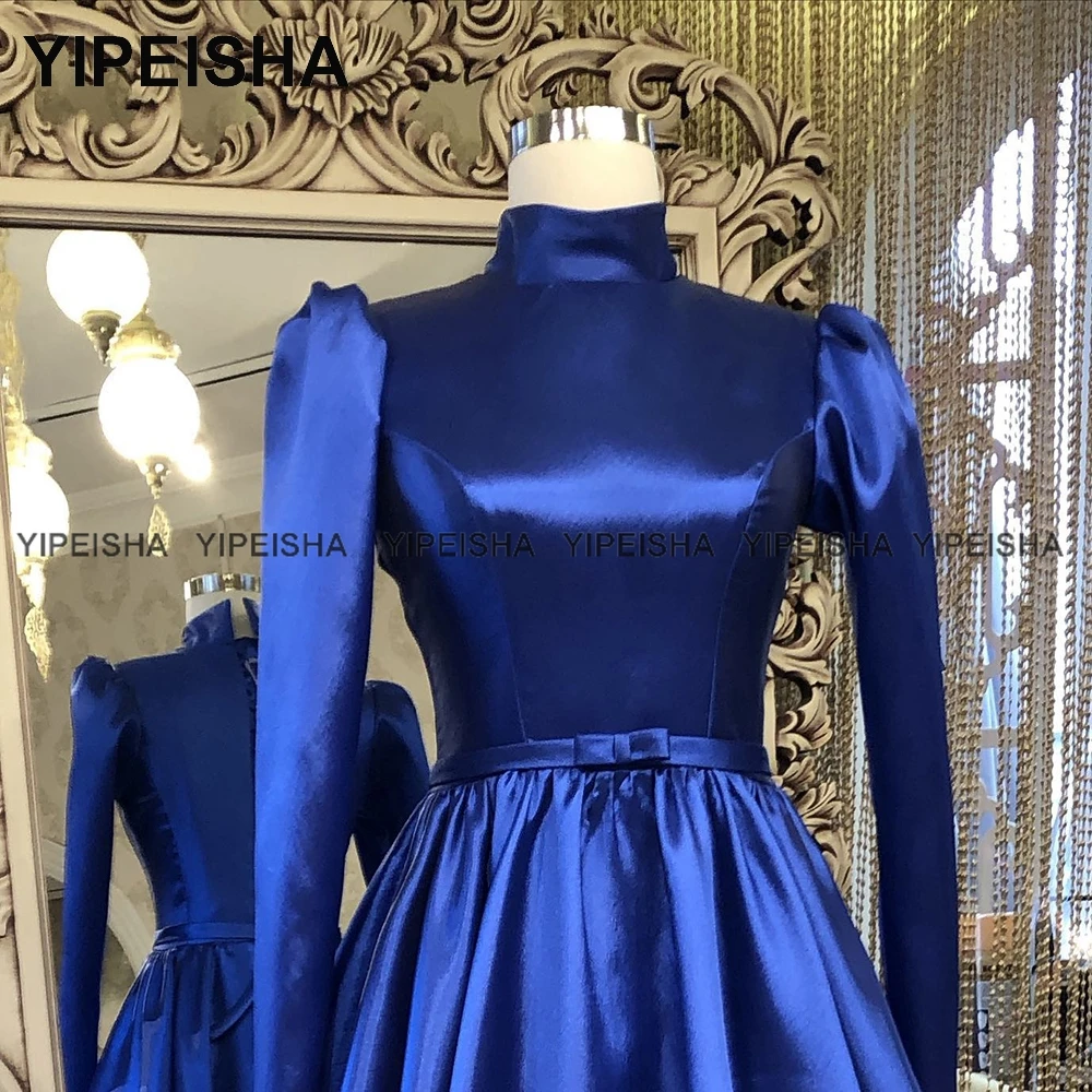 Yipeisha Modest Royal Blue Prom Dresses Hoge Kraag Lange Mouwen Prom Dress Moslim Party Gown A-lijn Satijnen Robe De Soiree