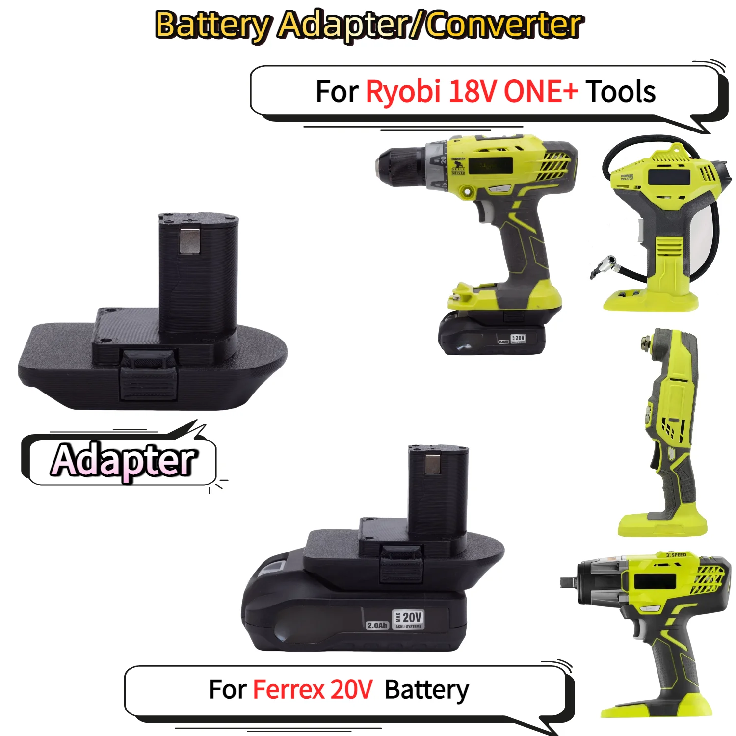 

For Ferrex 20V Li-ion Battery TO Ryobi 18V ONE+ Series Cordless Power Tools Battery Adapter/Converter(Only Adapter)
