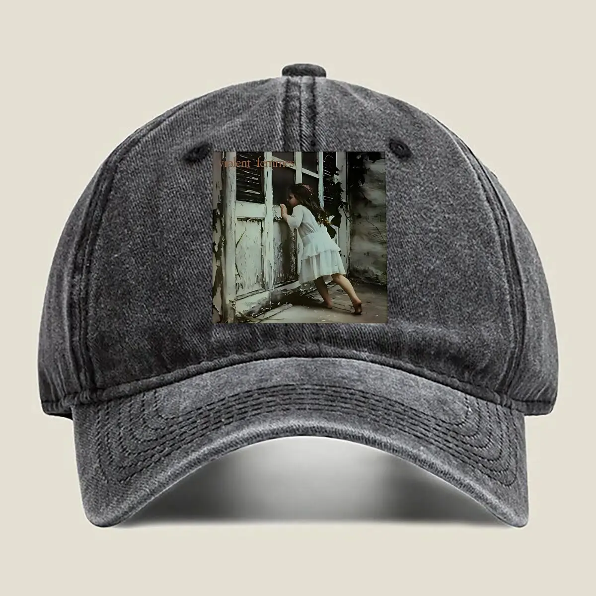 

Artistic - girl - at - door graphic for an artistic - and - possibly narrative - themed design Washed Baseball Cap