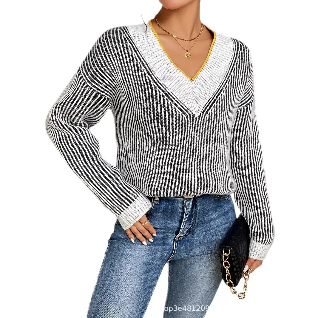 سترات نسائية مخططة متماسكة بأكمام طويلة ورقبة على شكل حرف V بلوفرات فضفاضة مرقعة متينة ملابس خروج أنيقة غير رسمية للسيدات