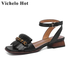 Vichelo Hot Cow Leather Peep Toe Med Heel Tassel Metal Chain Decoration Retro Fashion Gladiator Buckle Strap Women Sandals L90