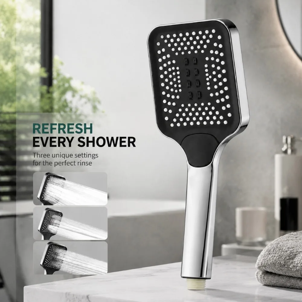 3‑Mode Adjustable Square Handheld Shower Head Chrome Plated High Pressure Spray Nozzle For Bathroom Shower Fixtures