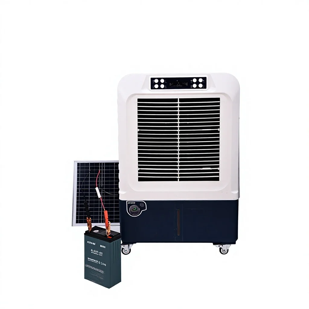 Water-added mobile industrial evaporative cooling fan with mobile AC/DC power supply, portable air conditioner