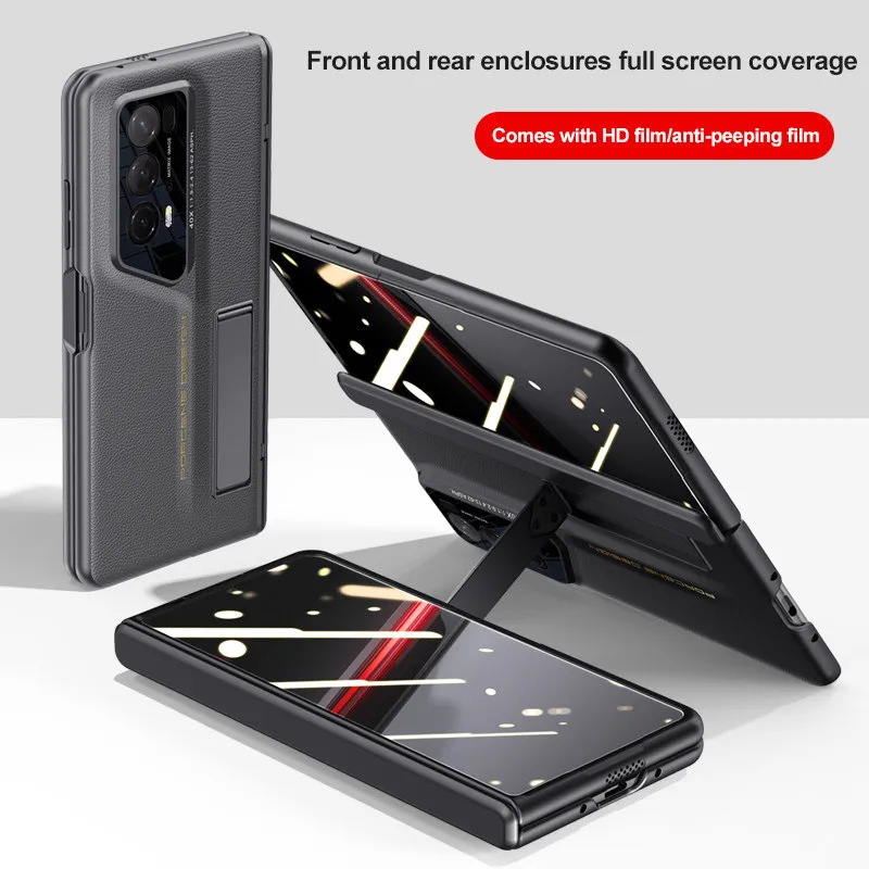 Skin Feel Leather Case For Honor Magic V2 RSR Porsche Design Bracket Hinge With Tempered Film Shockproof Fall Protection Cover
