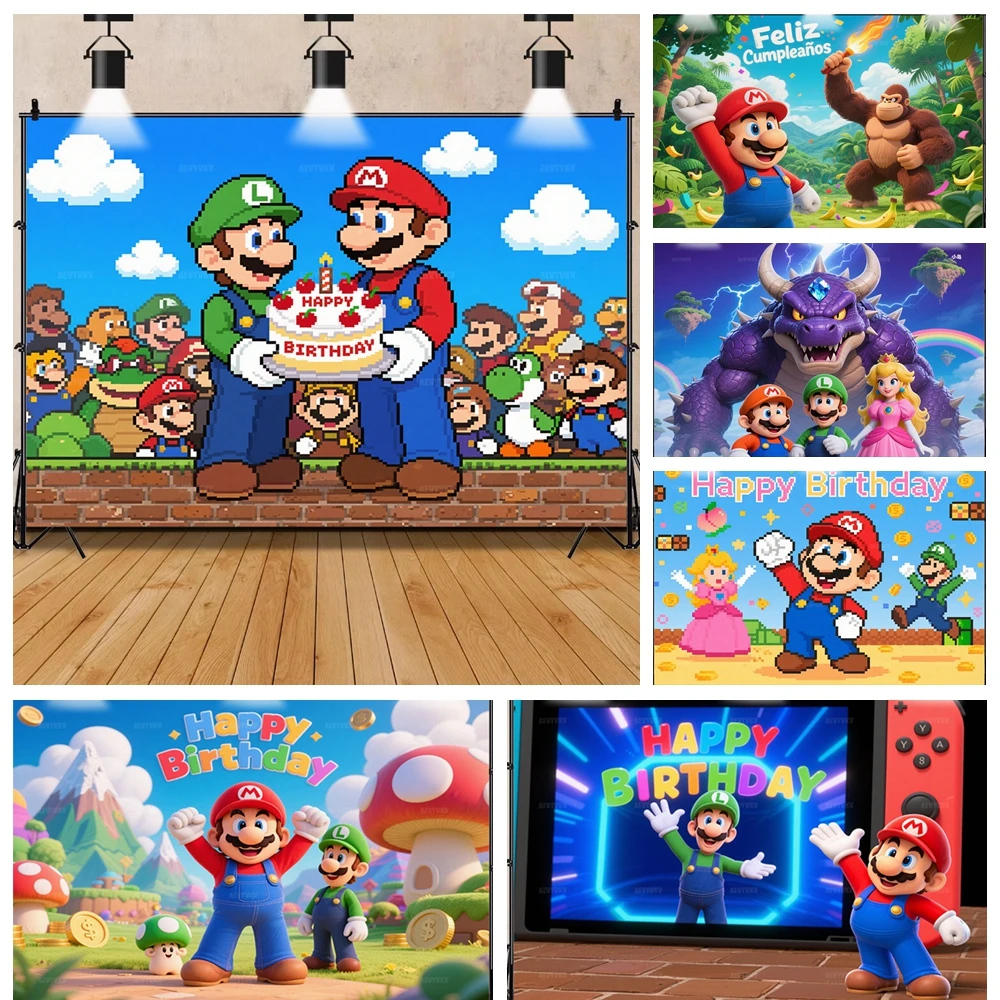 

Children's Game Photography Background Mari-o Super Brother Princess Mushroom Coin Boy Birthday Party Custom Name Photo Backdrop