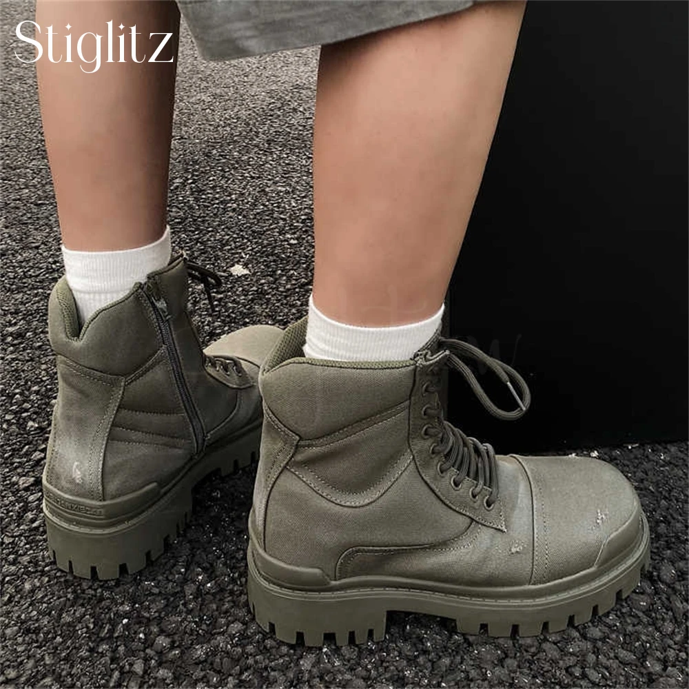 Army Green Canvas Motorcycle Boots Punk Style Lace up Ankle Boots Designer Style Fashion Handmade Platform Modern Boots for Men