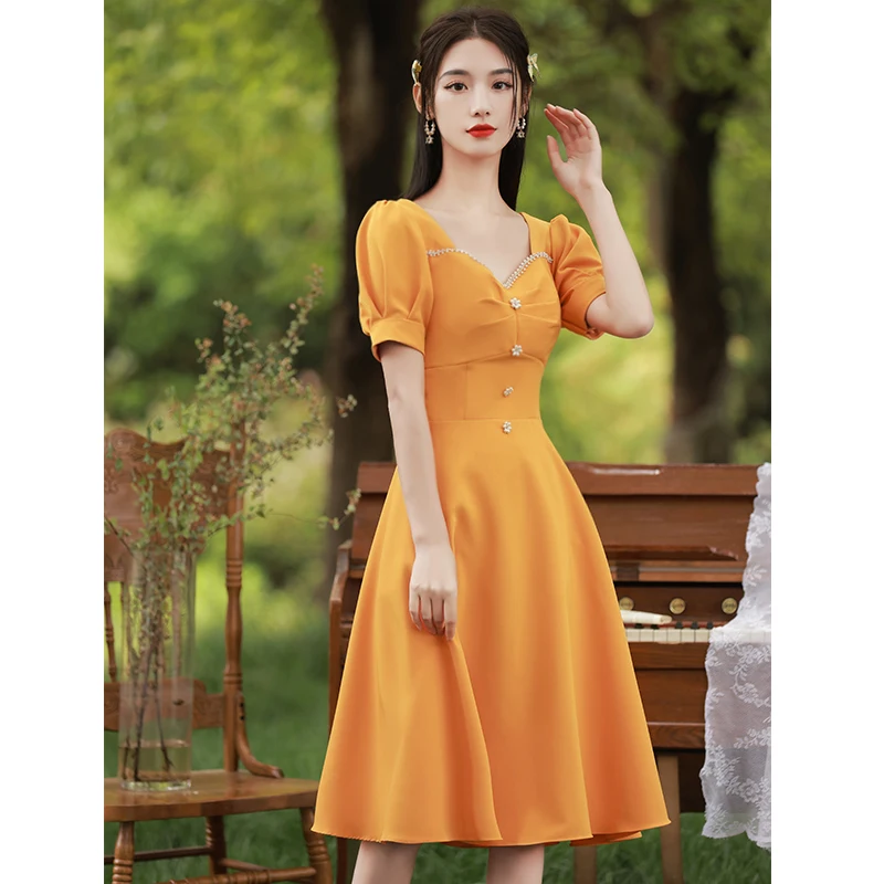 

Желтое вечернее платье Ele для женщин: для торжеств, церемоний, повседневной носки, с V-образным вырезом, коротким рукавом, А-силуэтная юбка